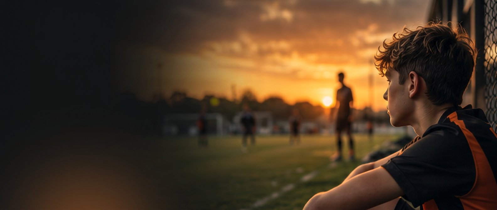 Joven futbolista sentado junto a la banda, pensativo, al atardecer
