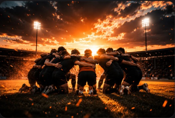 Equipo deportivo unido en círculo al atardecer