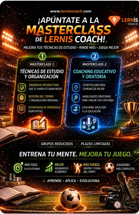 Cartel de la Masterclass de Lernis Coach: técnicas de estudio y organización, coaching educativo y oratoria