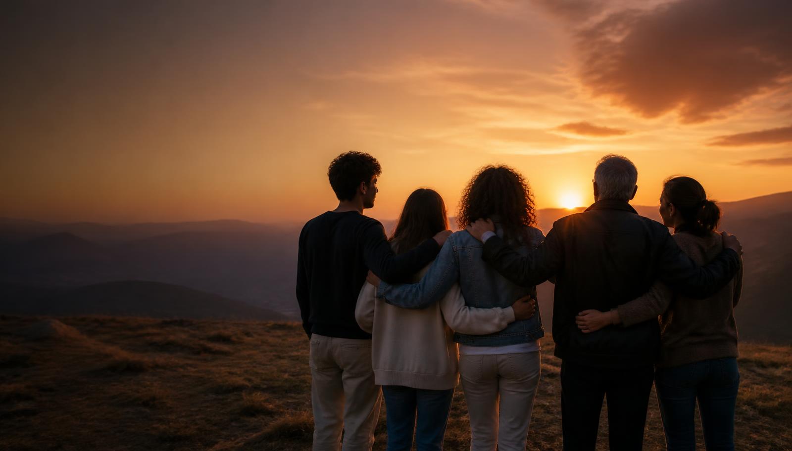 Grupo de personas unido contemplando el amanecer