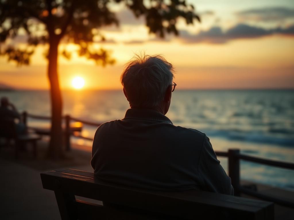 Persona mayor contemplando el mar al atardecer