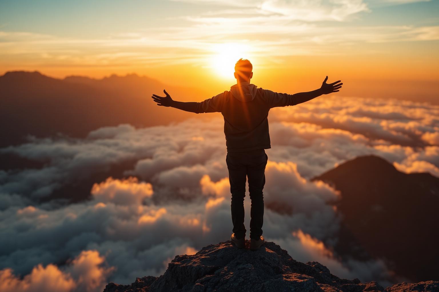 Persona en la cima de una montaña al amanecer