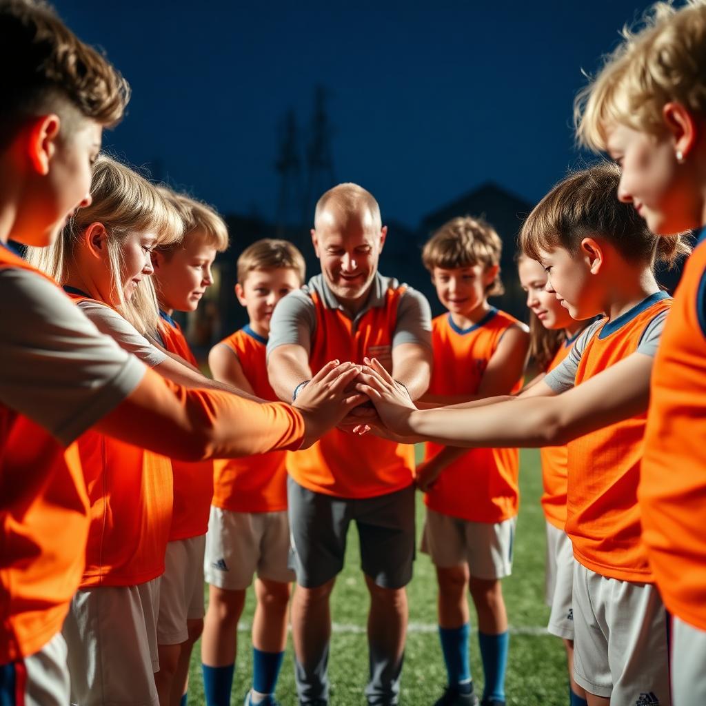 Entrenador y jugadores haciendo piña