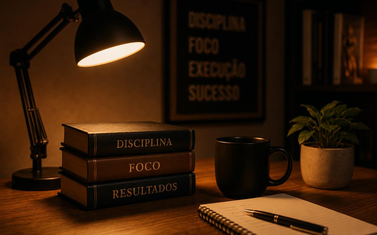 Escritorio de estudio con lámpara encendida, libros de disciplina, foco y resultados y una taza