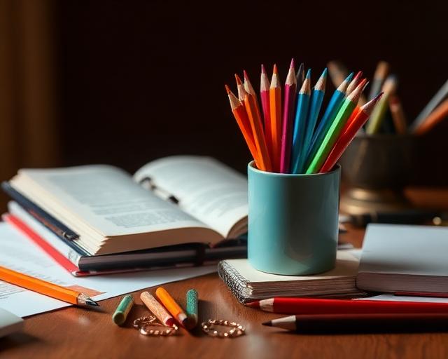 Libros y lápices de colores sobre una mesa de estudio