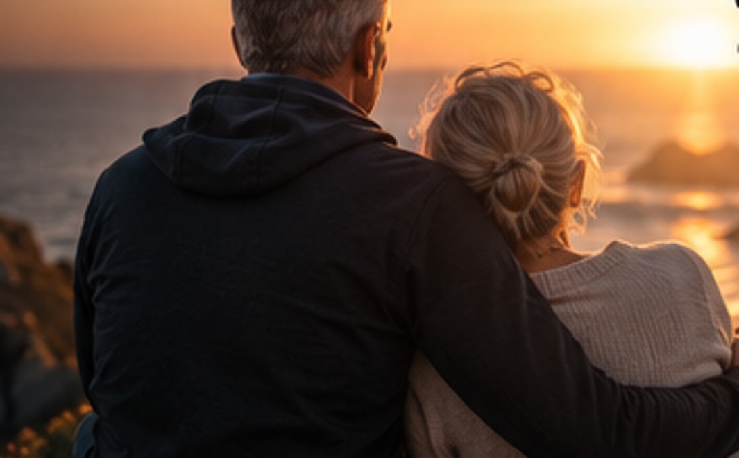 Pareja madura abrazada mirando el atardecer sobre el mar