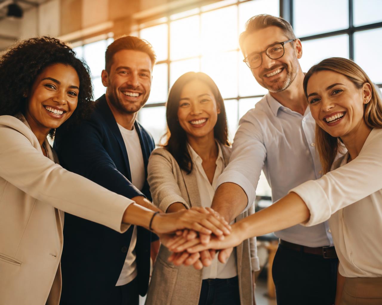 Equipo uniendo las manos en señal de compromiso
