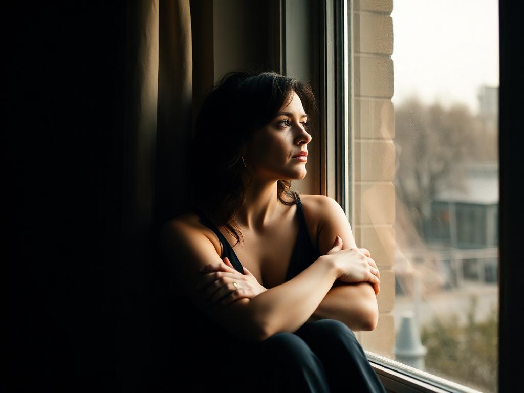 Mujer mirando por la ventana pensativa