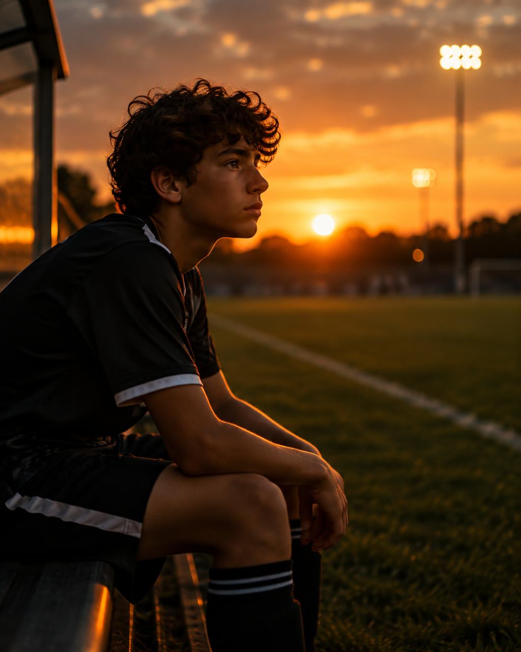 Joven futbolista sentado en el banquillo al atardecer, mirando el campo